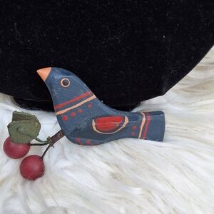 Handcrafted Bird Brooch with Cherry Red Accents